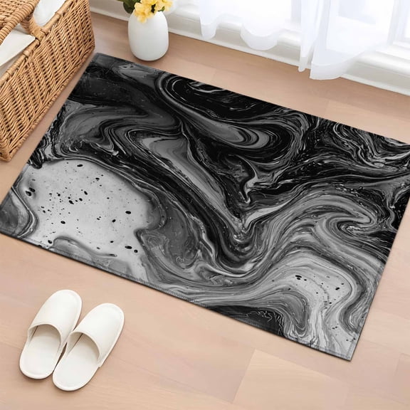 Area Rug 2 x 3 Ft, Black Marble Indoor Accent Bathroom Rugs for Kitchen/Laundry Room, Vintage Abstract Grey Fluid Aesthetic Washable Non-Slip Runner Floor Mat for Entryway, Living Room