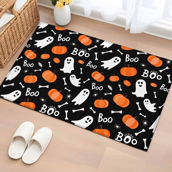 Area Rug 2 x 3 Ft, Black White Halloween Ghost Indoor Accent Bathroom Rugs for Kitchen/Laundry Room, Orange Pumpkins Fall Washable Non-Slip Runner Floor Mat for Entryway, Living Room