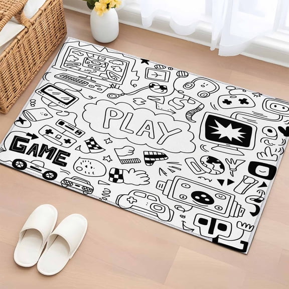 Area Rug 2 x 3 Ft, Black White Video Game Indoor Accent Bathroom Rugs for Kitchen/Laundry Room, Console Computer Gaming Sketch Style Washable Non-Slip Runner Floor Mat for Entryway, Living Room