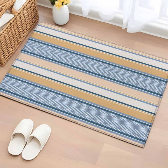 Area Rug 2 x 3 Ft, Blue Beige Brown Indoor Accent Bathroom Rugs for Kitchen/Laundry Room, Modern Simple Abstract Stripes Lines Washable Non-Slip Runner Floor Mat for Entryway, Living Room