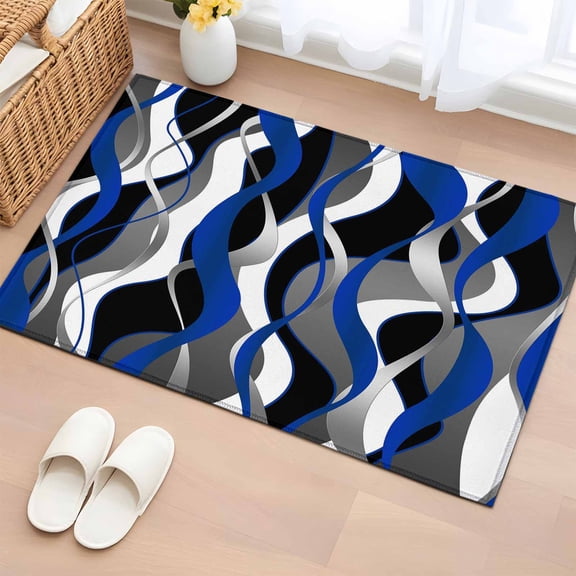 Area Rug 2 x 3 Ft, Blue Black Stripes Indoor Accent Bathroom Rugs for Kitchen/Laundry Room, Modern Abstract Ombre Grey White Lines Washable Non-Slip Runner Floor Mat for Entryway, Living Room