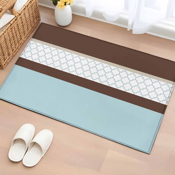 Area Rug 2 x 3 Ft, Blue Brown Morocco Indoor Accent Bathroom Rugs for Kitchen/Laundry Room, Geometric Stripes Aqua Stitching Washable Non-Slip Runner Floor Mat for Entryway, Living Room