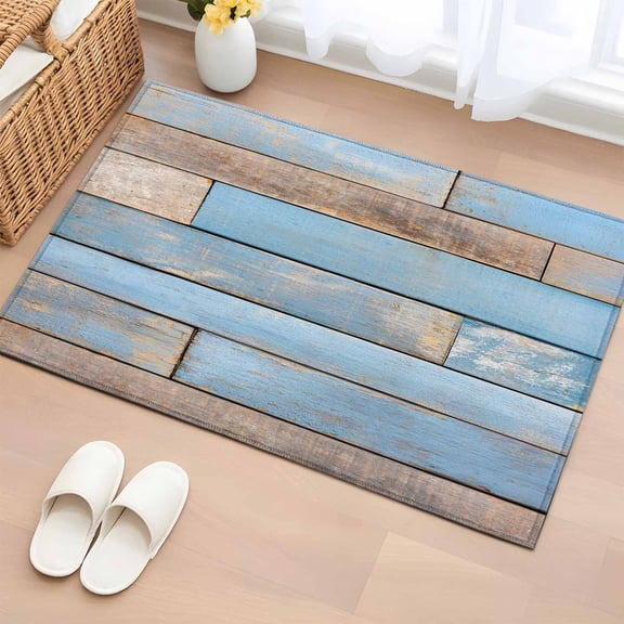 Area Rug 2 x 3 Ft, Blue Brown Wood Indoor Accent Bathroom Rugs for Kitchen/Laundry Room, Farmhouse Vintage Wooden Grain Washable Non-Slip Runner Floor Mat for Entryway, Living Room