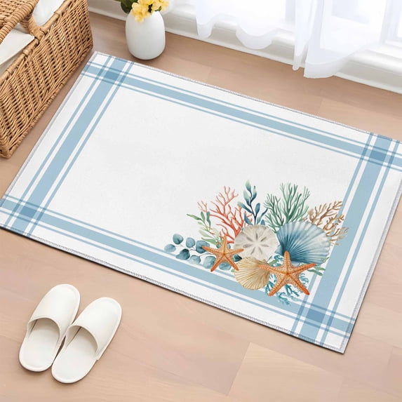 Area Rug 2 x 3 Ft, Blue Coastal Indoor Accent Bathroom Rugs for Kitchen/Laundry Room, Nautical Starfish Eucalyptus Leaf Coral Striped Washable Non-Slip Runner Floor Mat for Entryway, Living Room