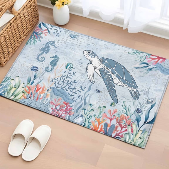 Area Rug 2 x 3 Ft, Blue Coastal Turtle Indoor Accent Bathroom Rugs for Kitchen/Laundry Room, Beach Nautical Ocean Coral Seahorse Washable Non-Slip Runner Floor Mat for Entryway, Living Room