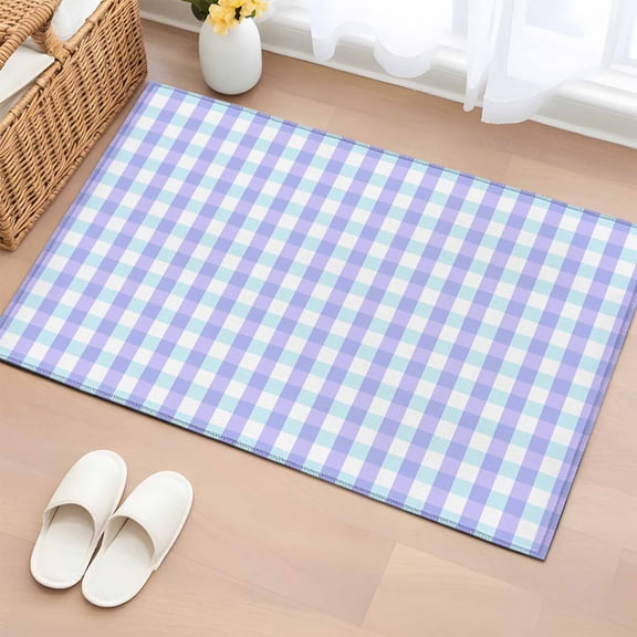 Area Rug 2 x 3 Ft, Blue Grid Indoor Accent Bathroom Rugs for Kitchen/Laundry Room, Checkered Plaid Gingham Lattice Trellis Print Washable Non-Slip Runner Floor Mat for Entryway, Living Room