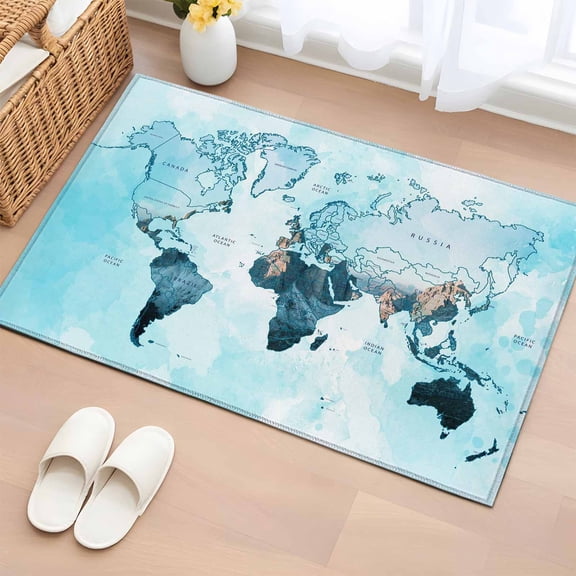 Area Rug 2 x 3 Ft, Blue Maps Indoor Accent Bathroom Rugs for Kitchen/Laundry Room, Abstract World Map Ocean Modern Washable Non-Slip Runner Floor Mat for Entryway, Living Room