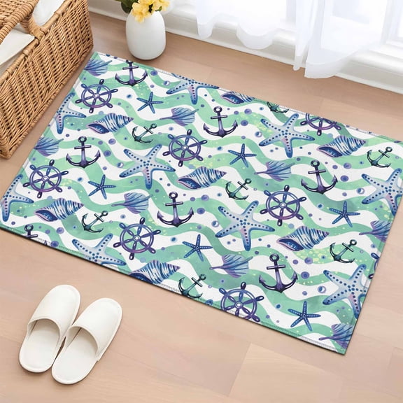 Area Rug 2 x 3 Ft, Blue Starfish Anchor Indoor Accent Bathroom Rugs for Kitchen/Laundry Room, Summer Coastal Teal Waves Stripe Washable Non-Slip Runner Floor Mat for Entryway, Living Room