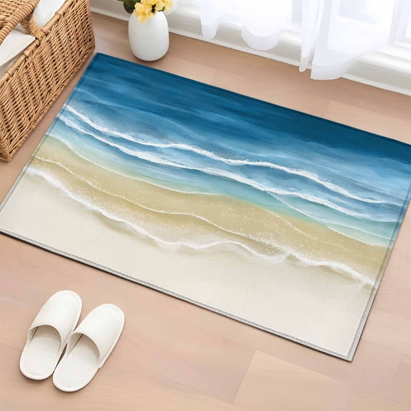 Area Rug 2 x 3 Ft, Blue Summer Beach Indoor Accent Bathroom Rugs for Kitchen/Laundry Room, Nautical Coastal Beige Seaside Washable Non-Slip Runner Floor Mat for Entryway, Living Room