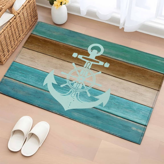 Area Rug 2 x 3 Ft, Blue Teal Brown Indoor Accent Bathroom Rugs for Kitchen/Laundry Room, Anchor Nautical Coastal Ocean Wooden Washable Non-Slip Runner Floor Mat for Entryway, Living Room