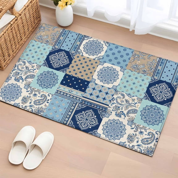 Area Rug 2 x 3 Ft, Bohemia Floral Indoor Accent Bathroom Rugs for Kitchen/Laundry Room, Retro Mediterranean Texture Patchwork Blue Washable Non-Slip Runner Floor Mat for Entryway, Living Room