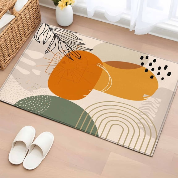 Area Rug 2 x 3 Ft, Boho Geometric Indoor Accent Bathroom Rugs for Kitchen/Laundry Room, Middle Century Abstract Leaves Stripes Washable Non-Slip Runner Floor Mat for Entryway, Living Room