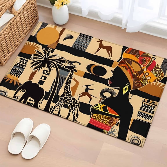 Area Rug 2 x 3 Ft, Boho Indoor Accent Bathroom Rugs for Kitchen/Laundry Room, Ethnic Nation Black Women Animals Palm Tree Washable Non-Slip Runner Floor Mat for Entryway, Living Room