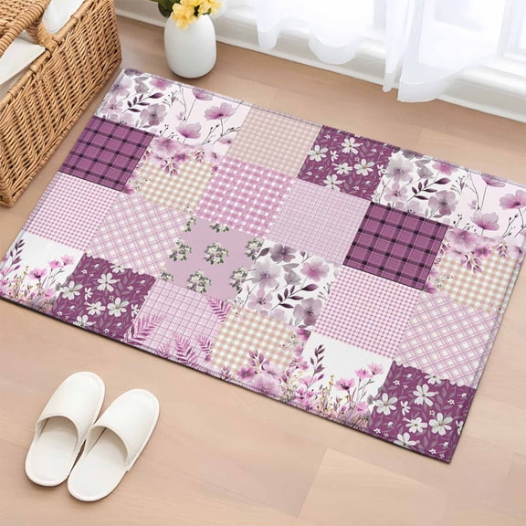 Area Rug 2 x 3 Ft, Boho Purple Flowers Indoor Accent Bathroom Rugs for Kitchen/Laundry Room, Spring Floral Botanical Patchwork Vintage Washable Non-Slip Runner Floor Mat for Entryway, Living Room
