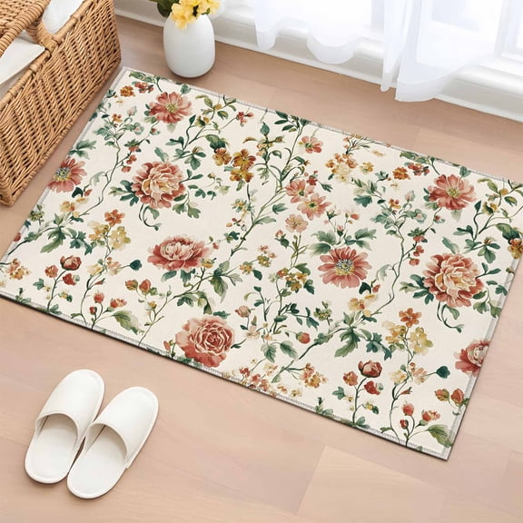 Area Rug 2 x 3 Ft, Botanical Flowers Indoor Accent Bathroom Rugs for Kitchen/Laundry Room, Vintage Country Pastoral Floral Vines Washable Non-Slip Runner Floor Mat for Entryway, Living Room