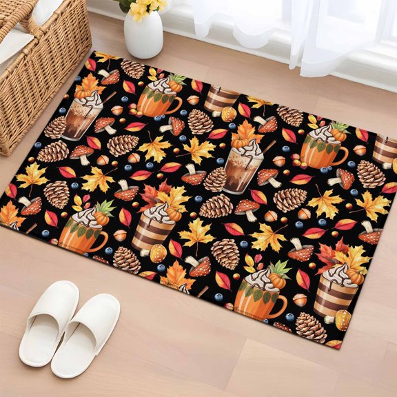 Area Rug 2 x 3 Ft, Brown Pine Cones Fall Indoor Accent Bathroom Rugs for Kitchen/Laundry Room, Thanksgiving Berry Orange Autumn Maple Leaves Non-Slip Runner Floor Mat for Entryway, Living Room