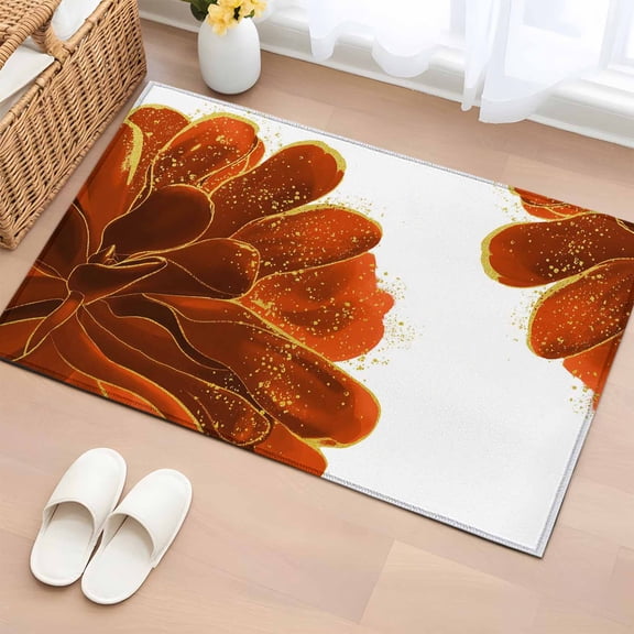 Area Rug 2 x 3 Ft, Burnt Orange Indoor Accent Bathroom Rugs for Kitchen/Laundry Room, Sparkle Gold Stained Floral Flower Art Washable Non-Slip Runner Floor Mat for Entryway, Living Room