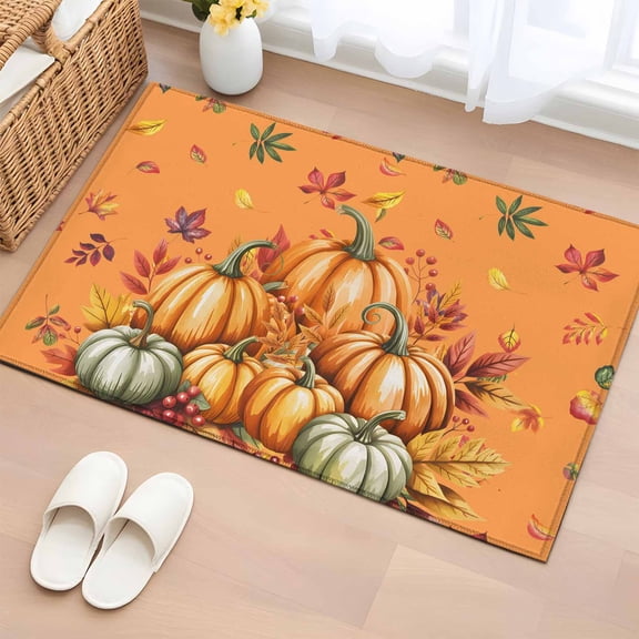 Area Rug 2 x 3 Ft, Burnt Orange Pumpkins Fall Indoor Accent Bathroom Rugs for Kitchen/Laundry Room, Thanksgiving Botanical Berry Pastoral Washable Non-Slip Runner Floor Mat for Entryway, Living Room