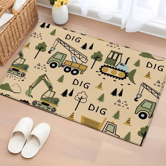 Area Rug 2 x 3 Ft, Cartoon Tractor Indoor Accent Bathroom Rugs for Kitchen/Laundry Room, Cute Digger Shovel Truck Car Khaki Washable Non-Slip Runner Floor Mat for Entryway, Living Room