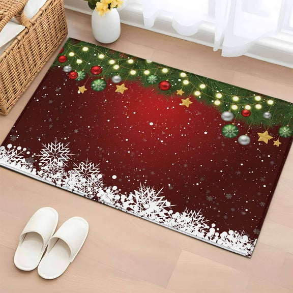 Area Rug 2 x 3 Ft, Christmas Balls Indoor Accent Bathroom Rugs for Kitchen/Laundry Room, Winter Xmas Snowflakes Pine Red Washable Non-Slip Runner Floor Mat for Entryway, Living Room