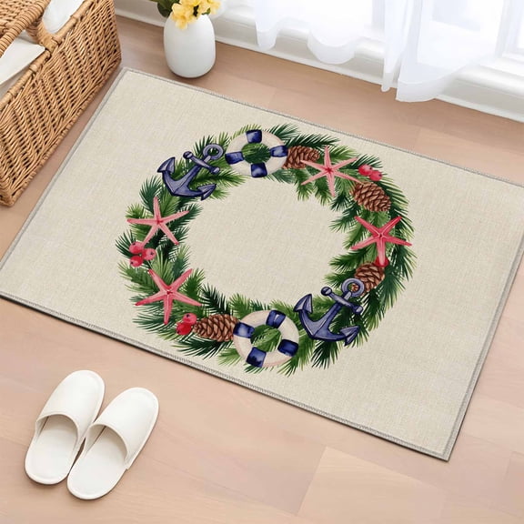 Area Rug 2 x 3 Ft, Christmas Nautical Indoor Accent Bathroom Rugs for Kitchen/Laundry Room, Winter Coastal Pine Anchor Starfish Washable Non-Slip Runner Floor Mat for Entryway, Living Room