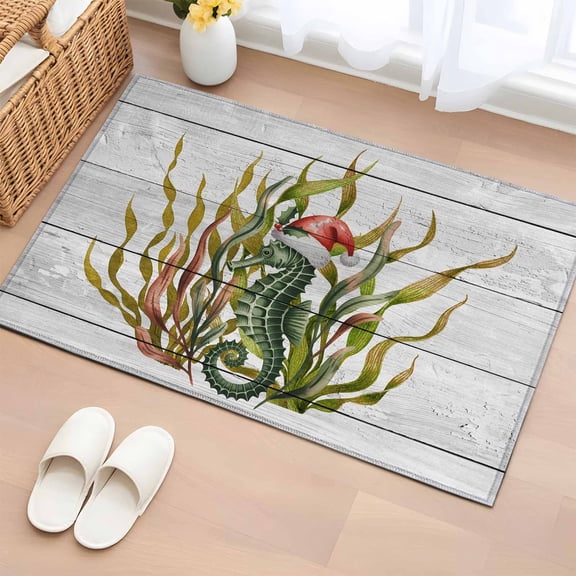 Area Rug 2 x 3 Ft, Christmas Seahorse Indoor Accent Bathroom Rugs for Kitchen/Laundry Room, Winter Ocean Seaweed Wooden Grain Washable Non-Slip Runner Floor Mat for Entryway, Living Room