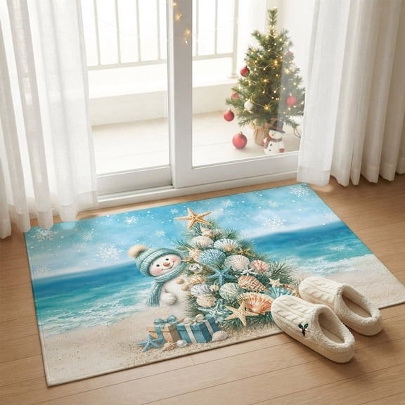 Area Rug 2 x 3 Ft, Coastal Christmas Tree Indoor Accent Bathroom Rugs for Kitchen/Laundry Room, Beach Snowman Starfish Xmas Washable Non-Slip Runner Floor Mat for Entryway, Living Room