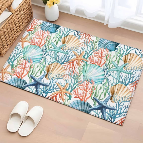 Area Rug 2 x 3 Ft, Coastal Indoor Accent Bathroom Rugs for Kitchen/Laundry Room, Nautical Summer Beach Coral Starfish Shell Washable Non-Slip Runner Floor Mat for Entryway, Living Room