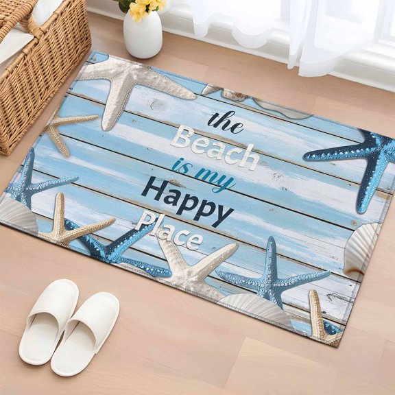 Area Rug 2 x 3 Ft, Coastal Starfish Indoor Accent Bathroom Rugs for Kitchen/Laundry Room, Ocean Nautical Seashells Blue Wooden Washable Non-Slip Runner Floor Mat for Entryway, Living Room