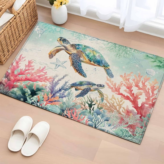 Area Rug 2 x 3 Ft, Coastal Turtle Indoor Accent Bathroom Rugs for Kitchen/Laundry Room, Farmhouse Nautical Coral Starfish Seashells Washable Non-Slip Runner Floor Mat for Entryway, Living Room