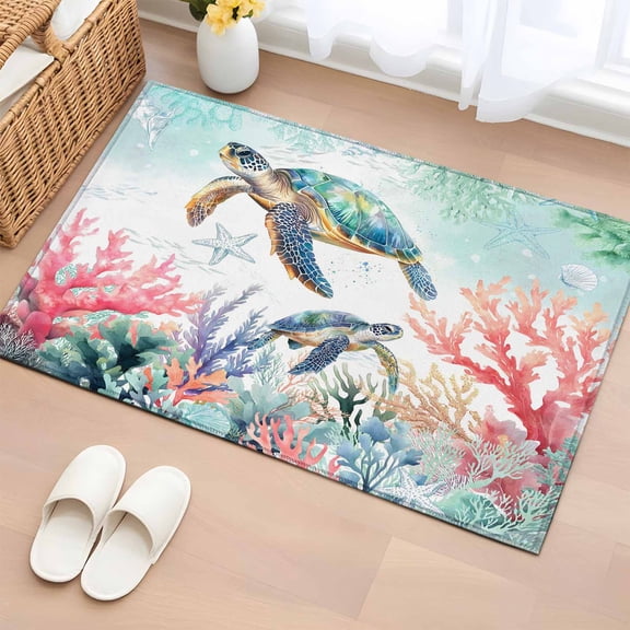 Area Rug 2 x 3 Ft, Coastal Turtle Indoor Accent Bathroom Rugs for Kitchen/Laundry Room, Nautical Ocean Coral Starfish Seashells Washable Non-Slip Runner Floor Mat for Entryway, Living Room
