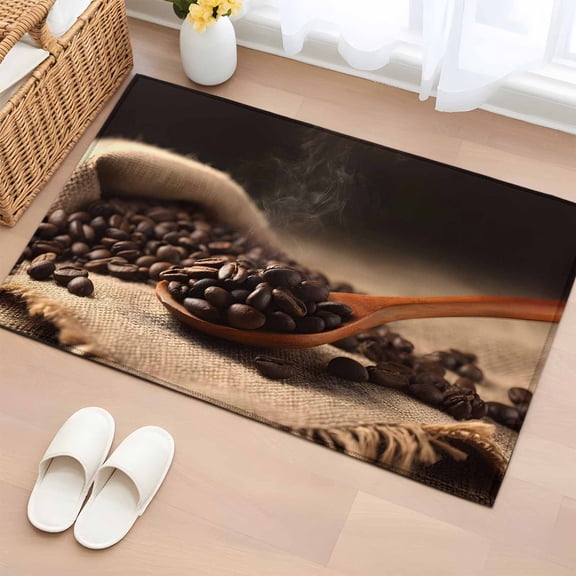 Area Rug 2 x 3 Ft, Coffee Beans Indoor Accent Bathroom Rugs for Kitchen/Laundry Room, Vintage Wooden Spoon Dark Brown Cafe Bean Washable Non-Slip Runner Floor Mat for Entryway, Living Room