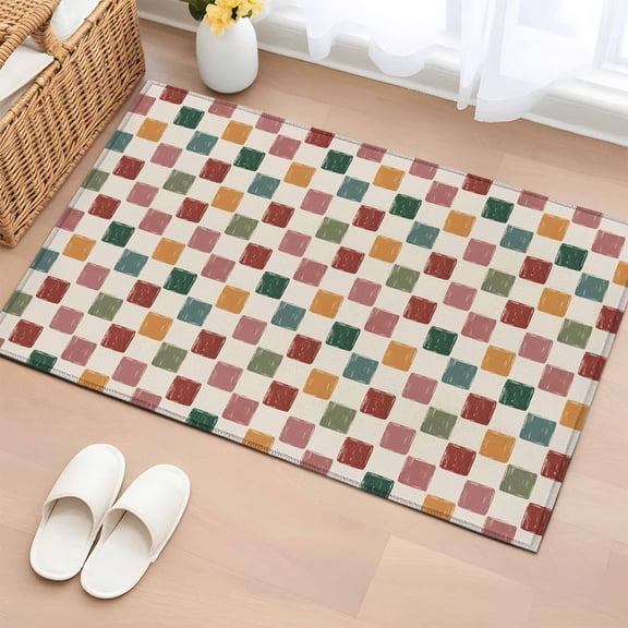 Area Rug 2 x 3 Ft, Colorful Checkered Indoor Accent Bathroom Rugs for Kitchen/Laundry Room, Vintage Plaid Grid Geometric Beige Washable Non-Slip Runner Floor Mat for Entryway, Living Room