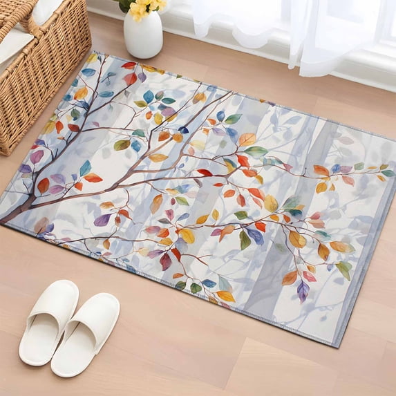 Area Rug 2 x 3 Ft, Colorful Leaves Indoor Accent Bathroom Rugs for Kitchen/Laundry Room, Modern Abstract Spring Nature Tree Branch Washable Non-Slip Runner Floor Mat for Entryway, Living Room
