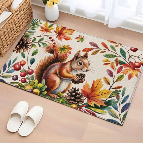 Area Rug 2 x 3 Ft, Colorful Squirrel Indoor Accent Bathroom Rugs for Kitchen/Laundry Room, Botanical Berry Pine Cones Rustic Washable Non-Slip Runner Floor Mat for Entryway, Living Room