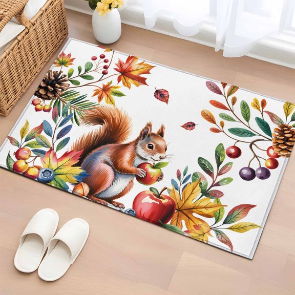 Area Rug 2 x 3 Ft, Colorful Squirrel Indoor Accent Bathroom Rugs for Kitchen/Laundry Room, Botanical Berry Pine Cones Watercolor Washable Non-Slip Runner Floor Mat for Entryway, Living Room