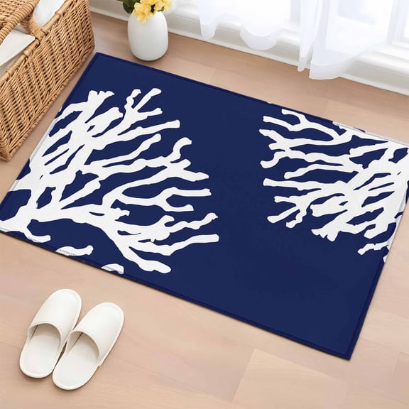 Area Rug 2 x 3 Ft, Coral Navy Blue Indoor Accent Bathroom Rugs for Kitchen/Laundry Room, Coastal Ocean Marine Nautical Beach Washable Non-Slip Runner Floor Mat for Entryway, Living Room