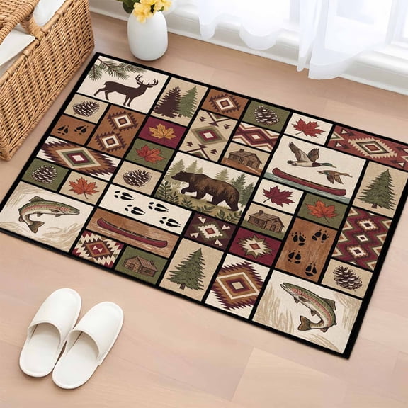 Area Rug 2 x 3 Ft, Country Patch Plaid Indoor Accent Bathroom Rugs for Kitchen/Laundry Room, Brown Farmhouse Retro Bear Deer Cabin Washable Non-Slip Runner Floor Mat for Entryway, Living Room