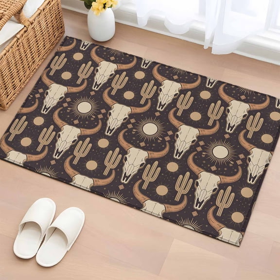 Area Rug 2 x 3 Ft, Cow Head Cactus Indoor Accent Bathroom Rugs for Kitchen/Laundry Room, Farmhouse Vintage Western Cowboy Washable Non-Slip Runner Floor Mat for Entryway, Living Room