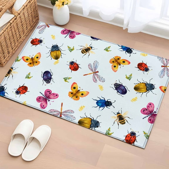 Area Rug 2 x 3 Ft, Cute Butterfly Dragonfly Indoor Accent Bathroom Rugs for Kitchen/Laundry Room, Farmhouse Botanical Floral Blue Washable Non-Slip Runner Floor Mat for Entryway, Living Room