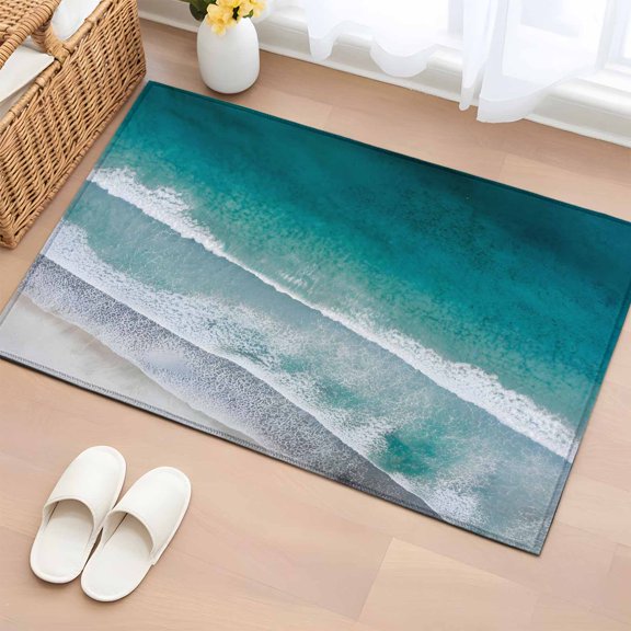 Area Rug 2 x 3 Ft, Dark Teal Beach Indoor Accent Bathroom Rugs for Kitchen/Laundry Room, Summer Sea Waves Coastal Nautical Washable Non-Slip Runner Floor Mat for Entryway, Living Room