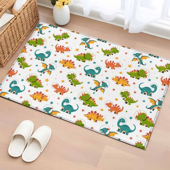 Area Rug 2 x 3 Ft, Dinosaurs Indoor Accent Bathroom Rugs for Kitchen/Laundry Room, Green Orange Blue Cartoon Dinosaurs Washable Non-Slip Runner Floor Mat for Entryway, Living Room