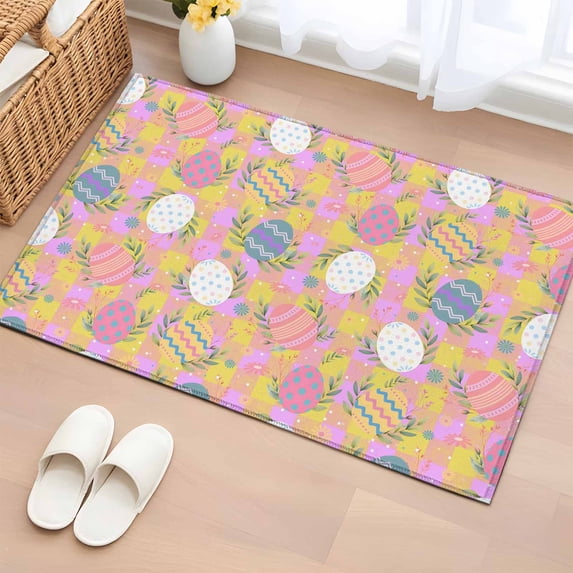 Area Rug 2 x 3 Ft, Easter Bunny Indoor Accent Bathroom Rugs for Kitchen/Laundry Room, Colorful Eggs Spring Leaves Daisy Yellow Pink Plaid Washable Non-Slip Runner Floor Mat for Entryway, Living Room