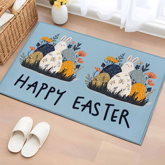 Area Rug 2 x 3 Ft, Easter Eggs Indoor Accent Bathroom Rugs for Kitchen/Laundry Room, Rabbit Spring Botanical Wildflowers Bunny Blue Washable Non-Slip Runner Floor Mat for Entryway, Living Room