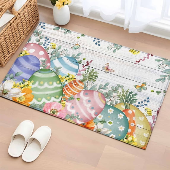 Area Rug 2 x 3 Ft, Easter Eggs Indoor Accent Bathroom Rugs for Kitchen/Laundry Room, Spring Flowers Eucalyptus Leaves Wooden Grain Washable Non-Slip Runner Floor Mat for Entryway, Living Room
