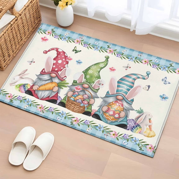 Area Rug 2 x 3 Ft, Easter Indoor Accent Bathroom Rugs for Kitchen/Laundry Room, Spring Rabbit Ear Gnomes Eggs Floral Lattice Washable Non-Slip Runner Floor Mat for Entryway, Living Room