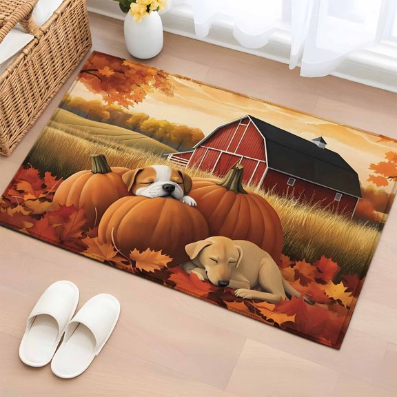Area Rug 2 x 3 Ft, Fall Country Indoor Accent Bathroom Rugs for Kitchen/Laundry Room, Autumn Orange Pumpkin Barn Dog Animal Washable Non-Slip Runner Floor Mat for Entryway, Living Room