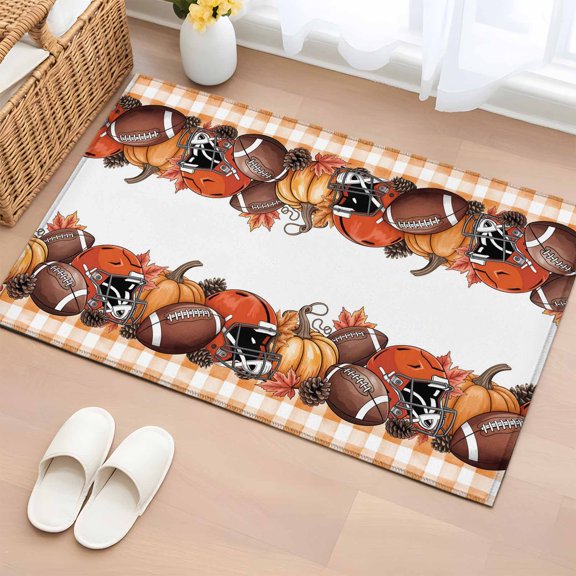 Area Rug 2 x 3 Ft, Fall Football Pumpkin Indoor Accent Bathroom Rugs for Kitchen/Laundry Room, Thanksgiving Maple Orange Check Autumn Washable Non-Slip Runner Floor Mat for Entryway, Living Room