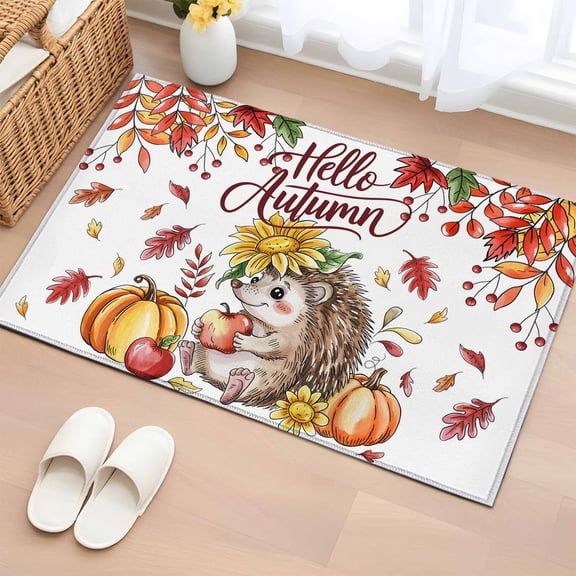 Area Rug 2 x 3 Ft, Fall Hedgehog Indoor Accent Bathroom Rugs for Kitchen/Laundry Room, Thanksgiving Pumpkin Sunflower Eucalyptus Washable Non-Slip Runner Floor Mat for Entryway, Living Room