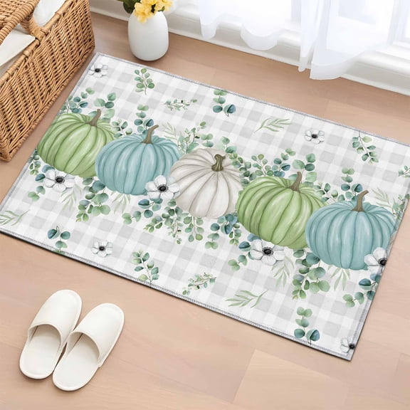 Area Rug 2 x 3 Ft, Fall Indoor Accent Bathroom Rugs for Kitchen/Laundry Room, Blue Green Pumpkins Thanksgiving Flower Leaf Plaid Washable Non-Slip Runner Floor Mat for Entryway, Living Room